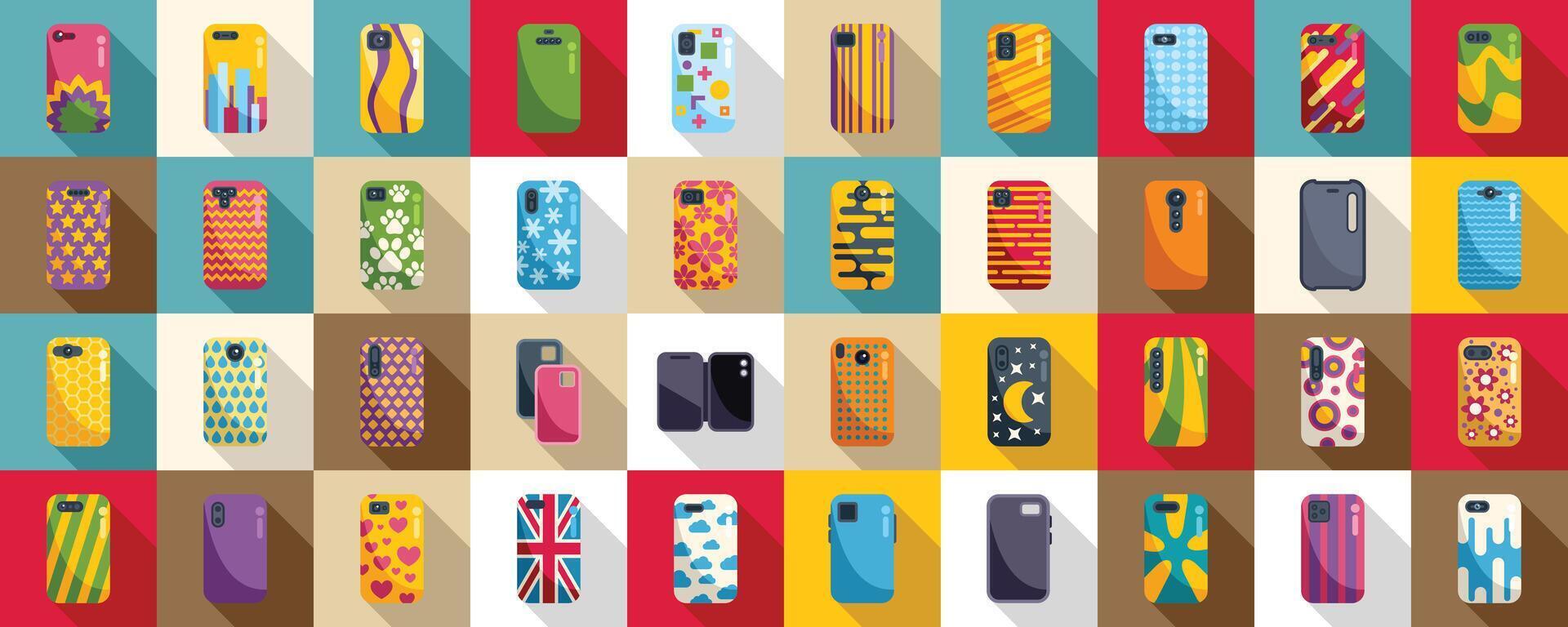 Case mobile phone icons set flat vector. Pro camera vector