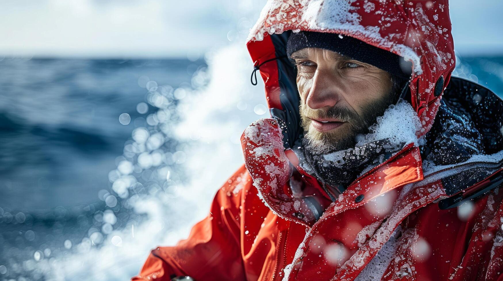 AI generated Man in Orange Jacket on Boat photo