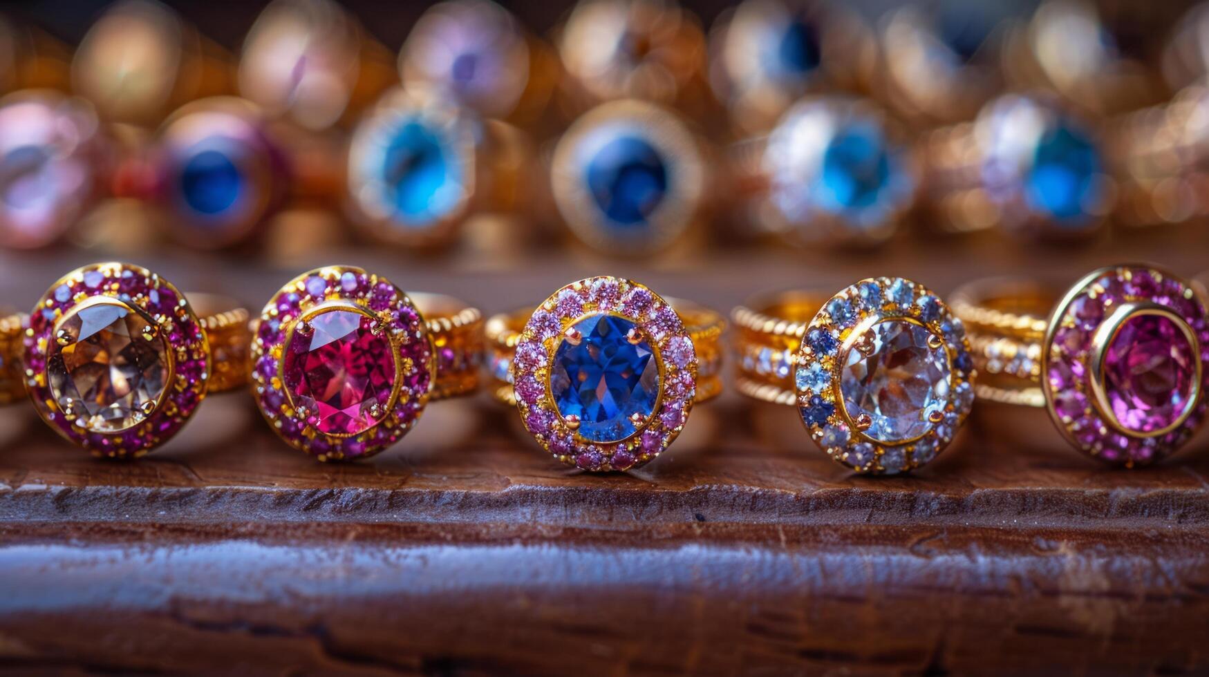 AI generated Row of Different Colored Rings on Wooden Table photo