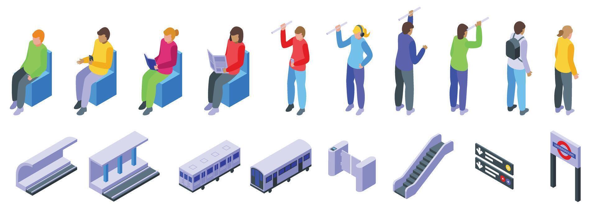 People inside subway icons set isometric vector. Transport metro vector