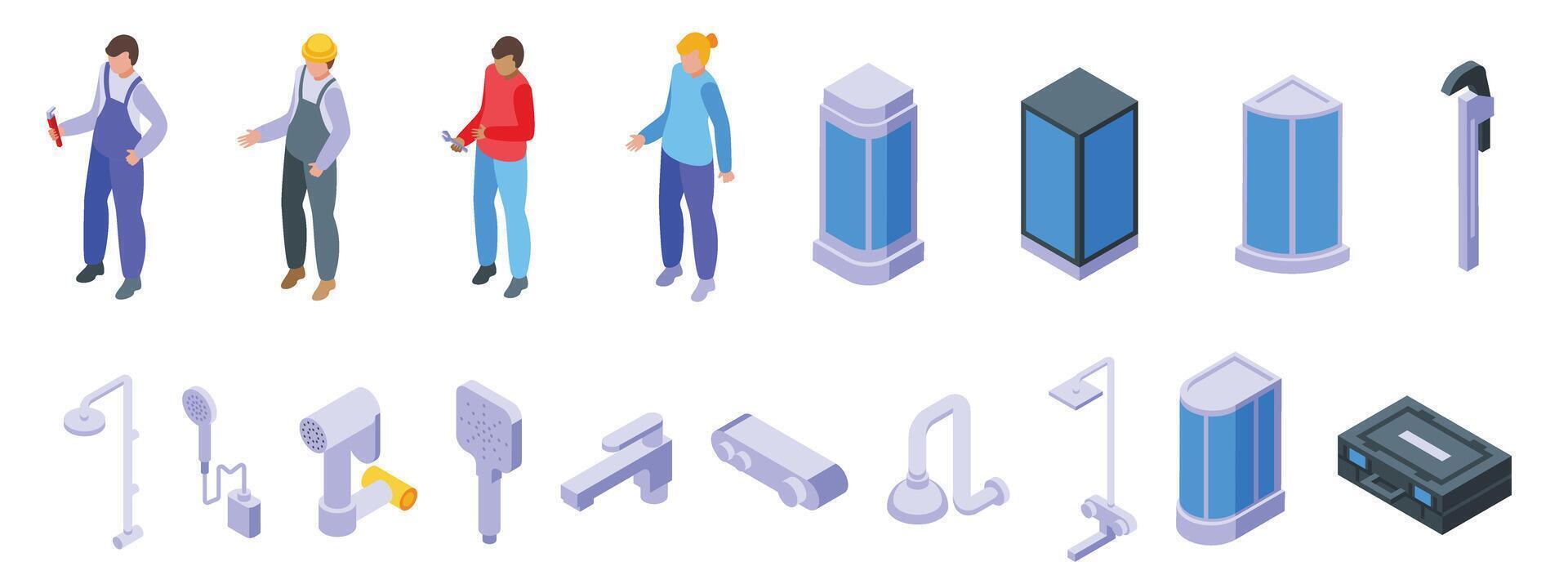 Fixing broken shower icons set isometric vector. Plumber worker vector