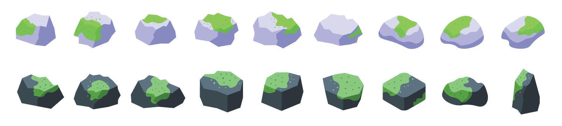 Moss stones icons set isometric vector. Swamp lichen rock vector