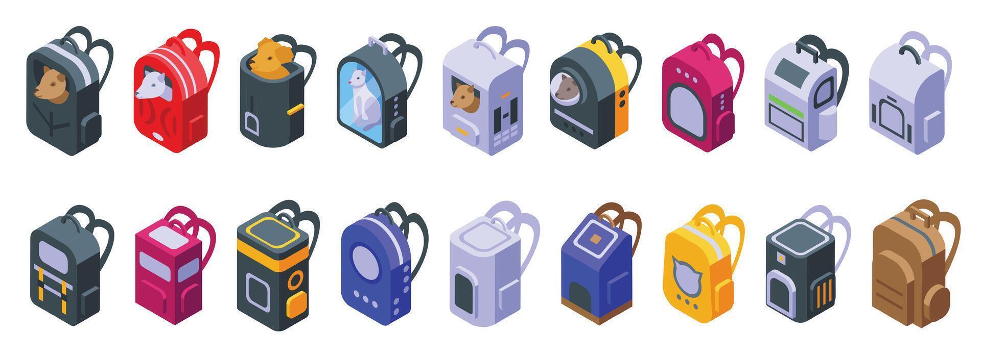 Backpack pet icons set isometric vector. Travel carrier bag vector