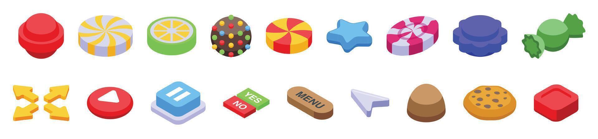 Candy game icons set isometric vector. Sweet ball gui vector