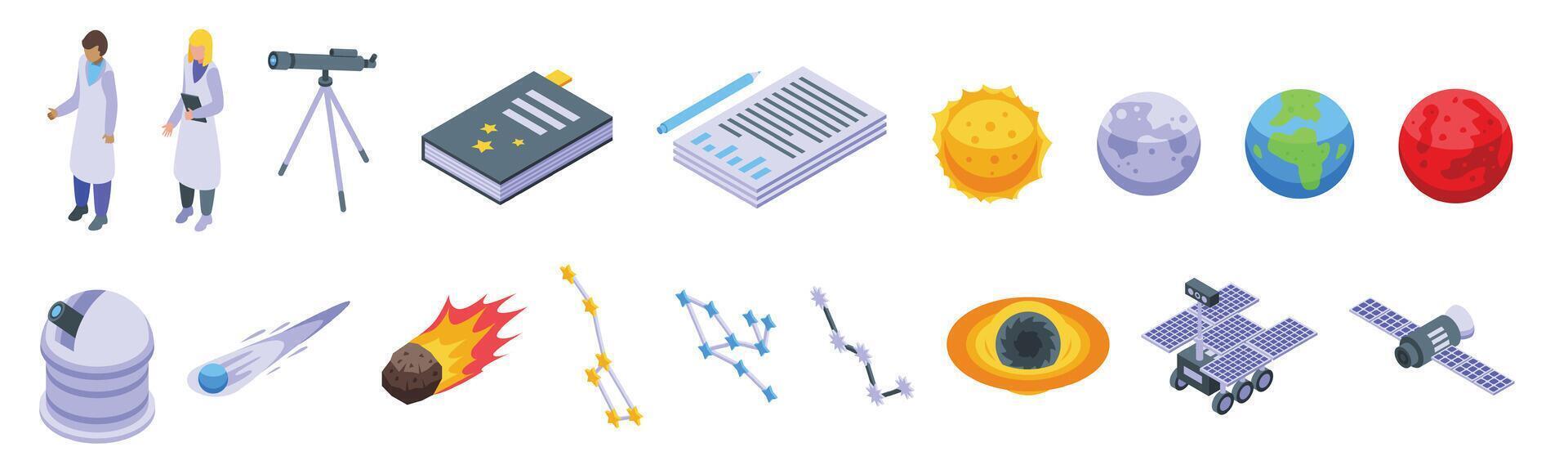 científico astrónomo íconos conjunto isométrica vector. estrella telescopio ver vector