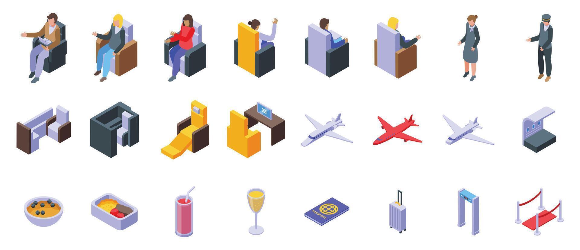 Airplane first class icons set isometric vector. Plane onboard vector