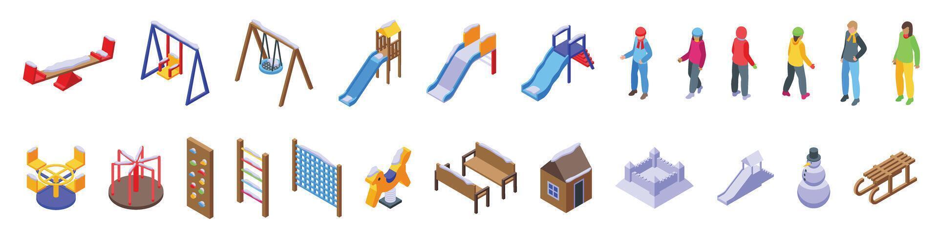Winter playground icons set isometric vector. Children garden snow fun vector