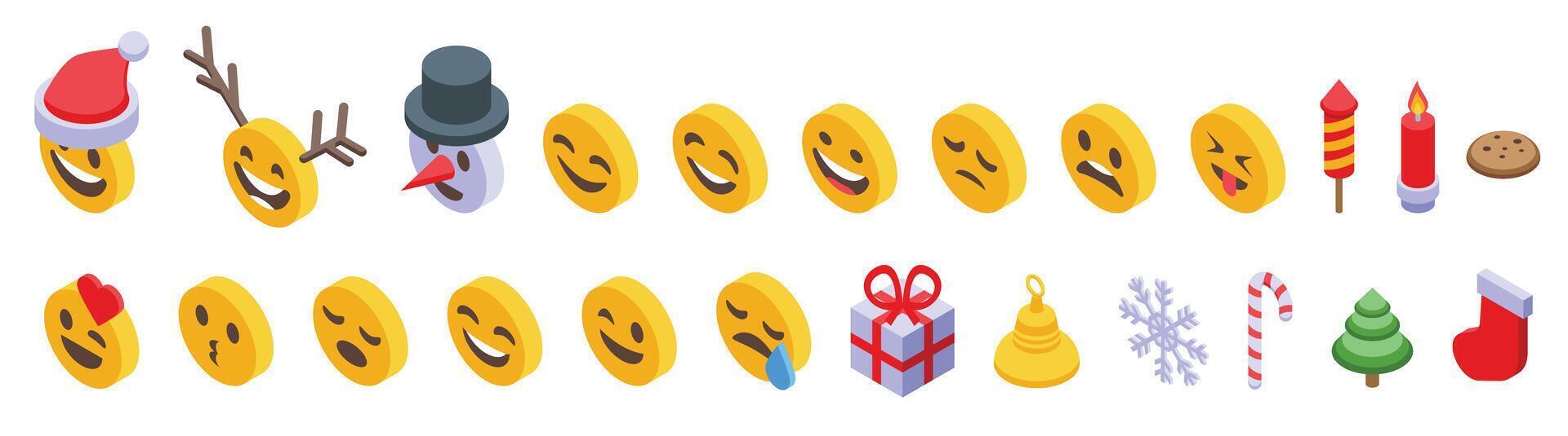 Navidad emoticones íconos conjunto isométrica vector. Papa Noel claus cara vector