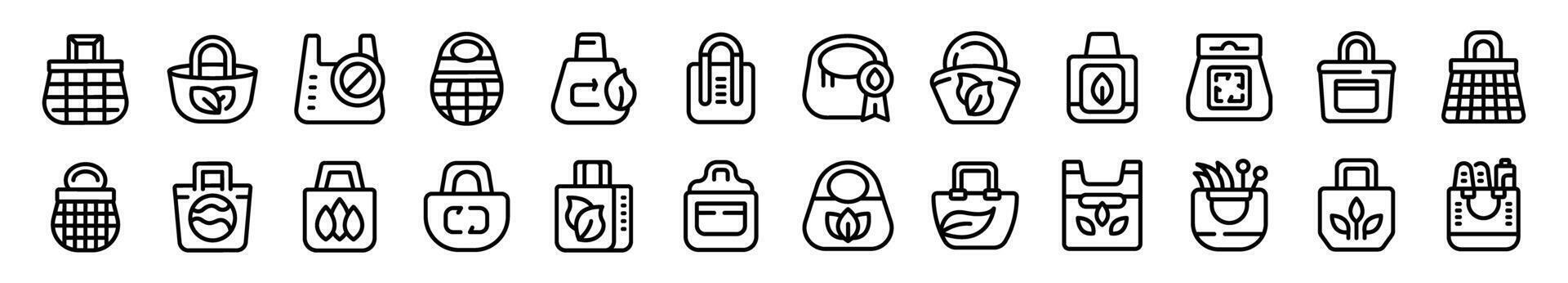Reusable market shopper icons set outline vector. Tote bag fabric vector