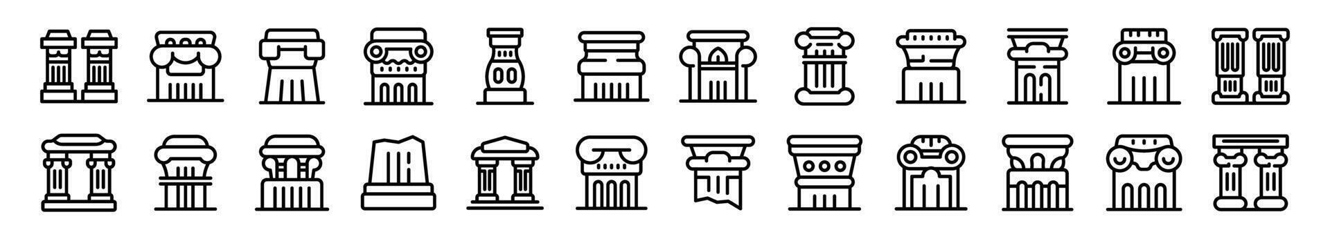 Grecia pilar íconos conjunto contorno vector. antiguo columna mármol vector