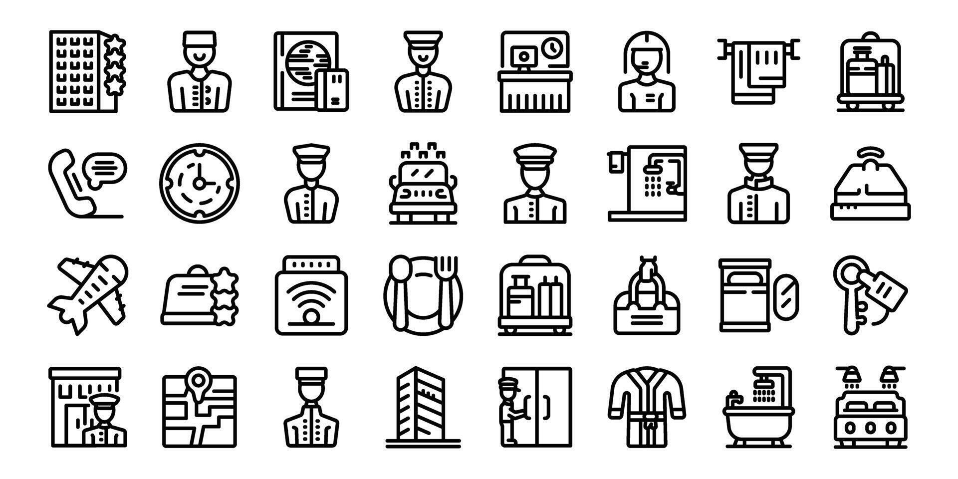 Doorman icons set outline vector. Hotel book room vector