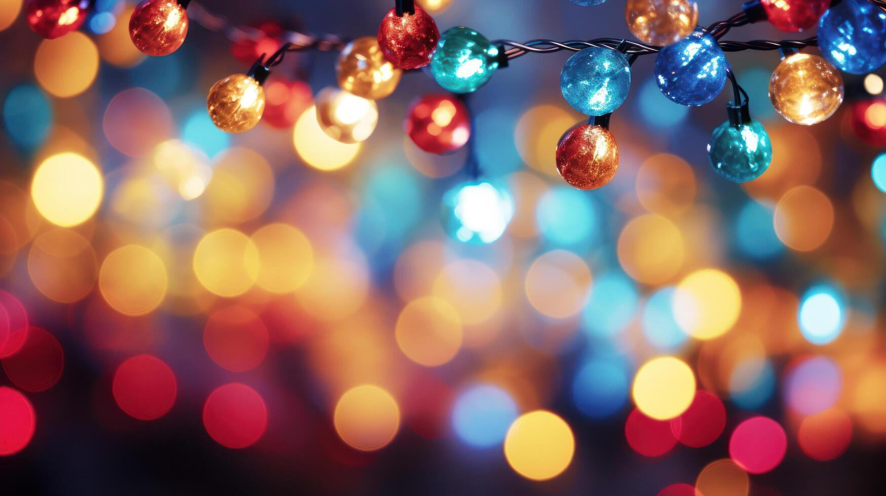 ai generado un fondo de pantalla presentando un de cerca de vistoso Navidad luces foto