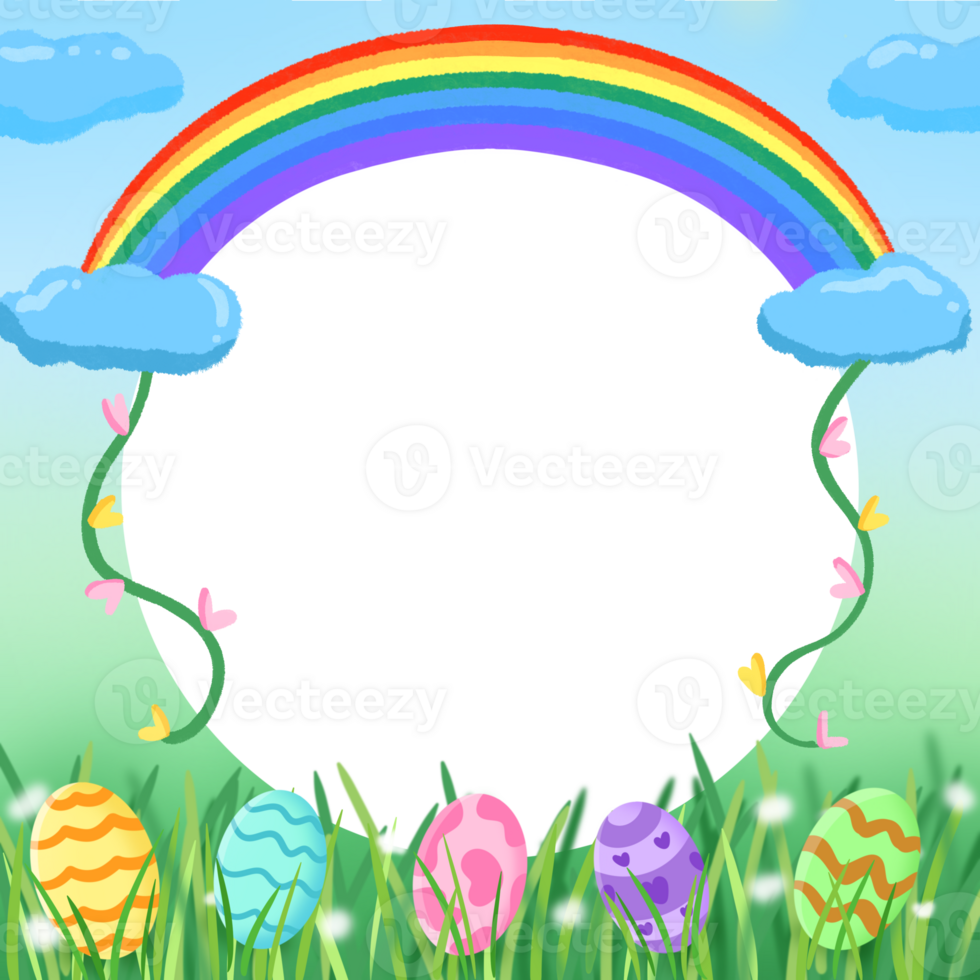 colorful Easter frame with Easter eggs and rainbow, square frame, circle frame png