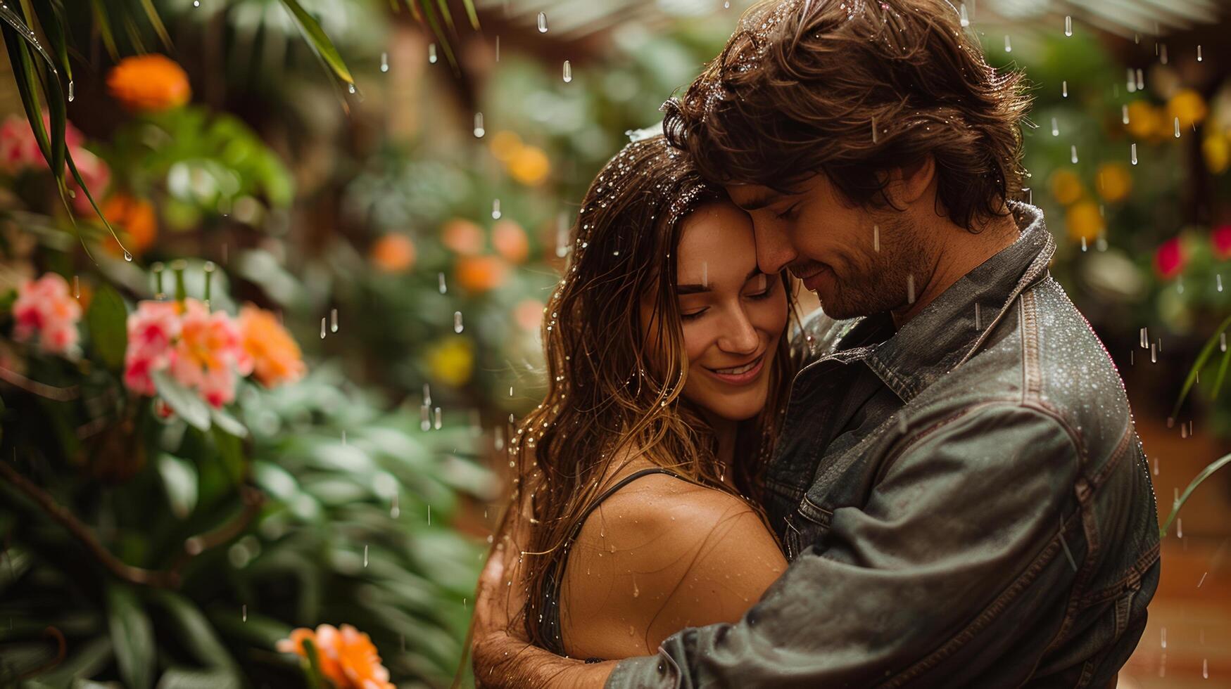 ai generado hombre y mujer besos en el lluvia foto