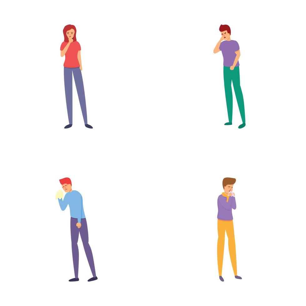 Sick character icons set cartoon vector. Sick people coughing and sneezing vector