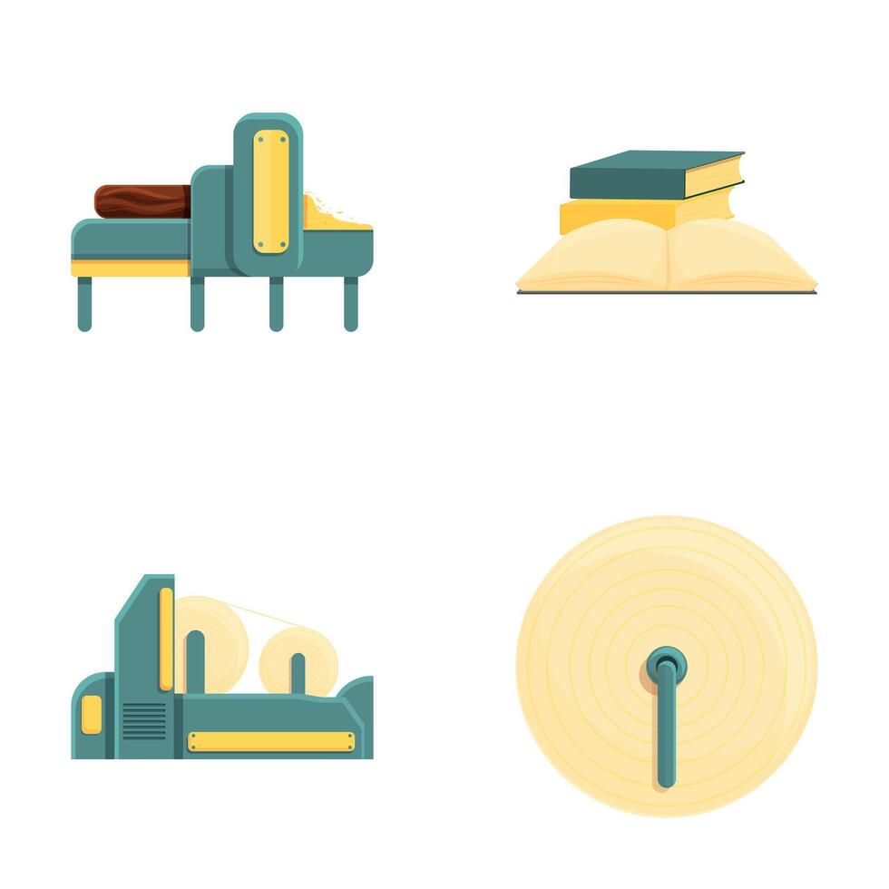 Paper production icons set cartoon vector. Equipment for paper production vector