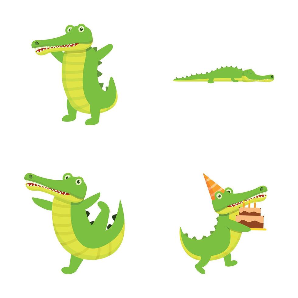 Cartoon crocodile icons set cartoon vector. Green funny crocodile vector