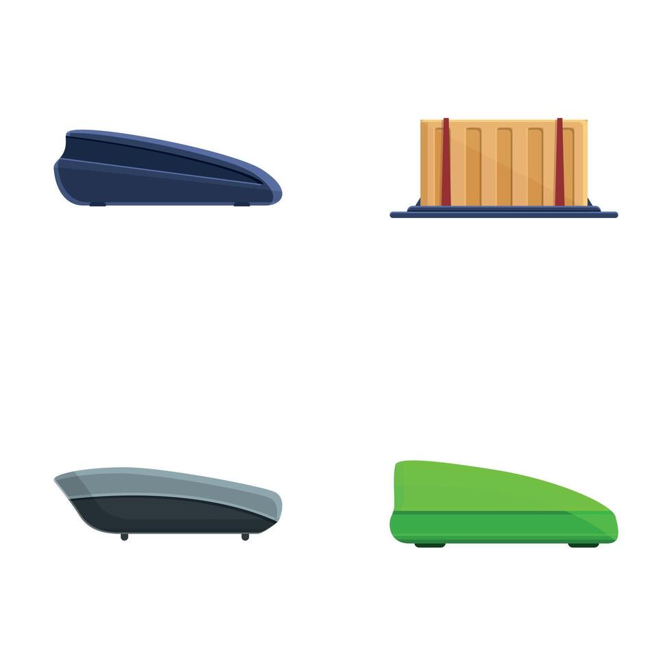 Car box icons set cartoon vector. Auto roof plastic box vector
