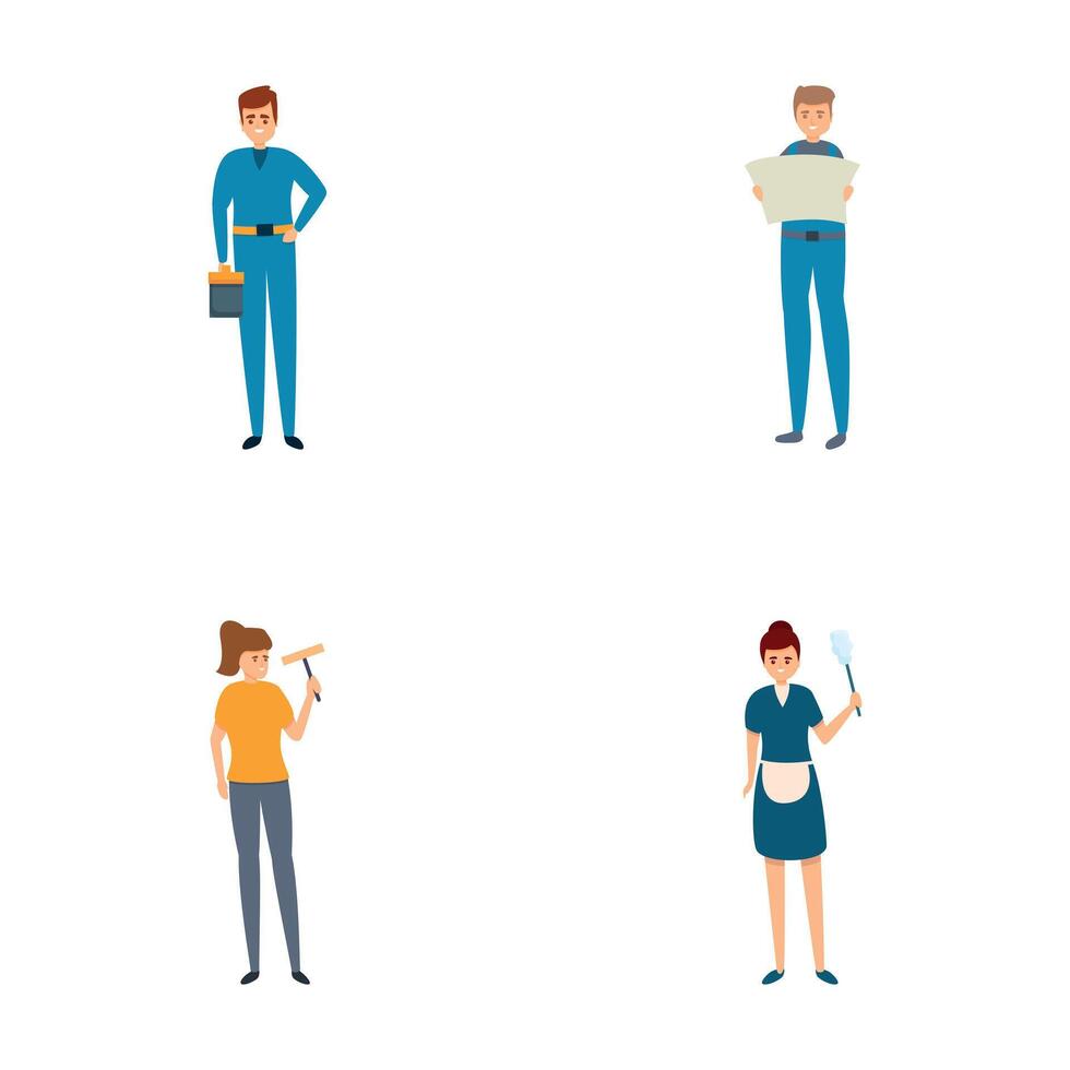 Service staff icons set cartoon vector. Man and woman in uniform with tool vector