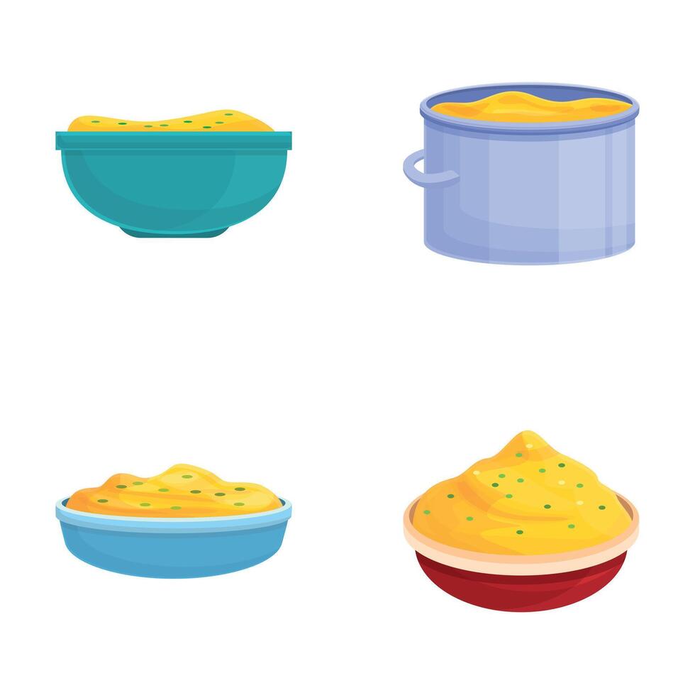 Mashed potato icons set cartoon vector. Fresh mashed potato on bowl vector