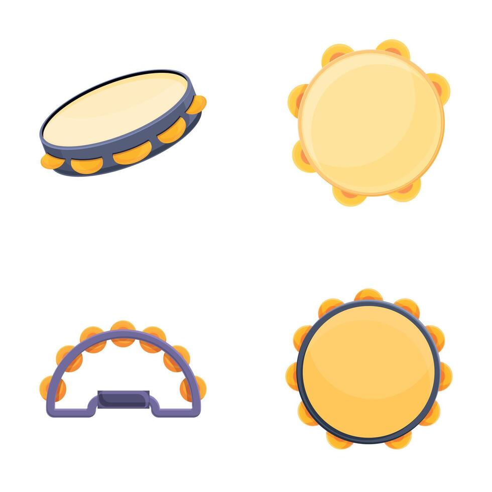 Tambourine icons set cartoon vector. Tambourine of different style and color vector