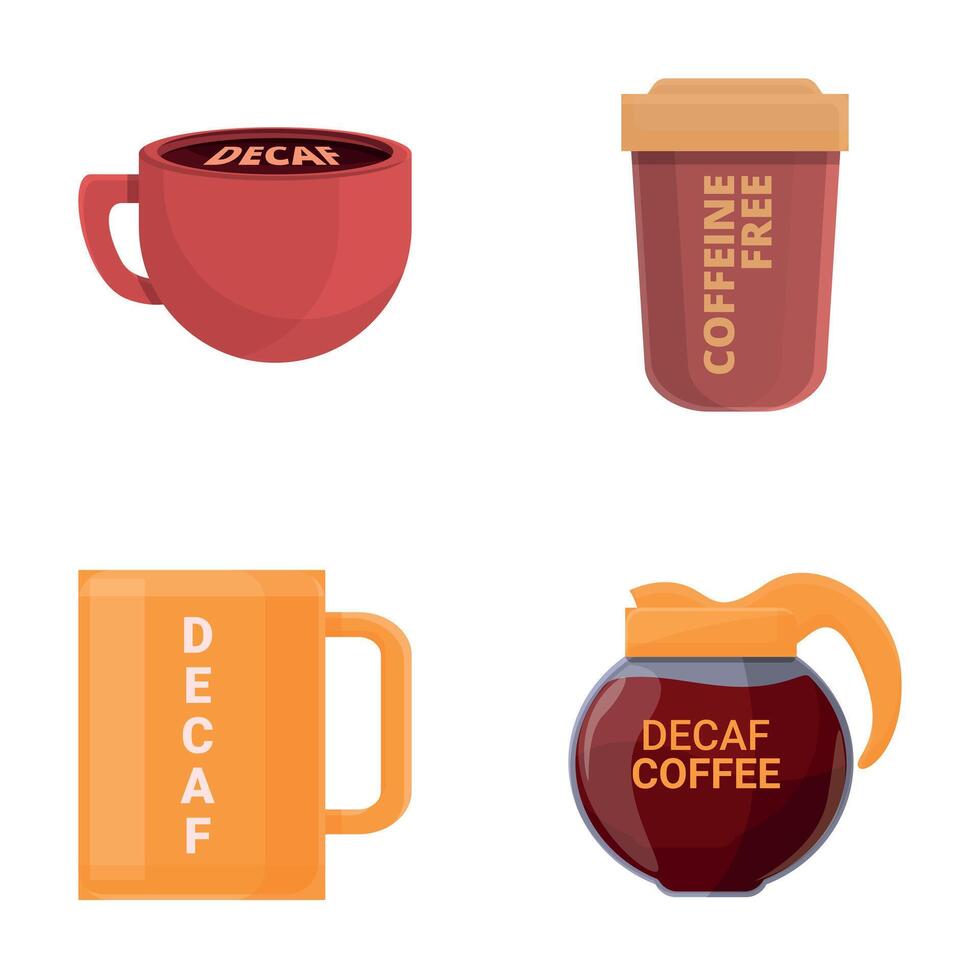 descafeinado café íconos conjunto dibujos animados vector. taza y tetera de descafeinado café vector