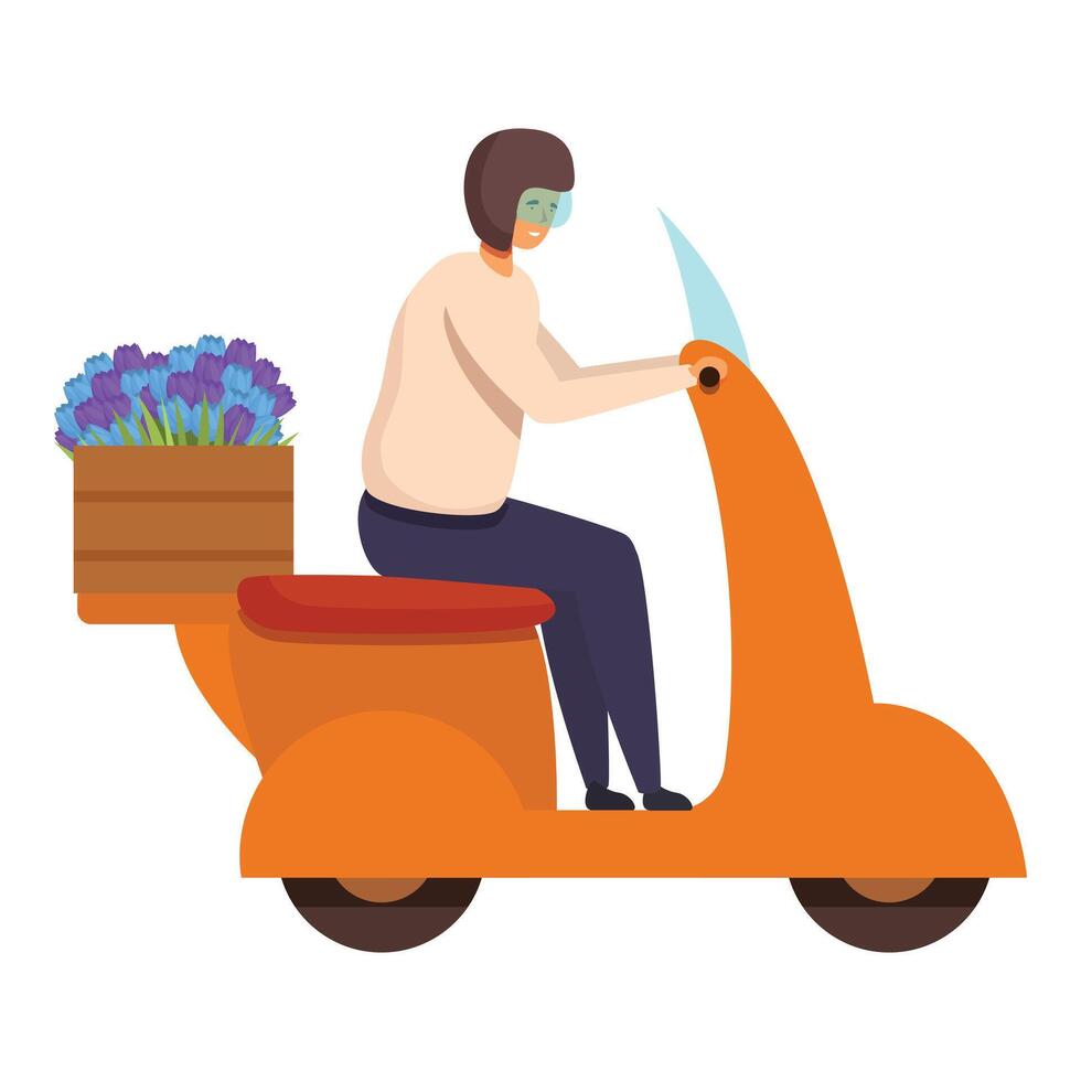 Scooter courier flower delivery icon cartoon vector. Fast express service vector