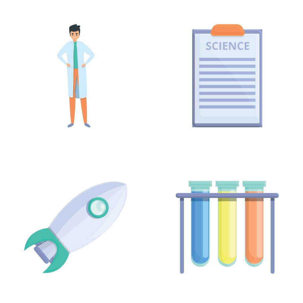 Science icons set cartoon vector. Scientist making research in laboratory vector