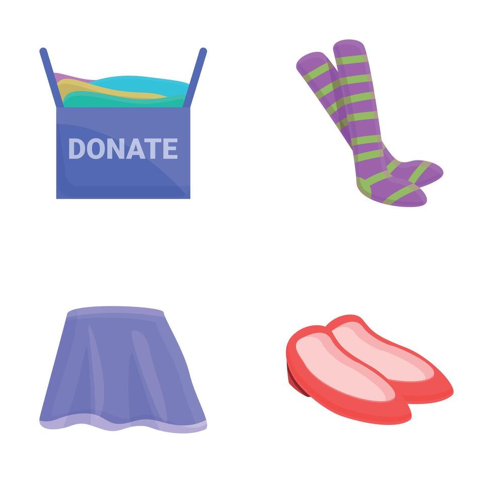 Clothes donation icons set cartoon vector. Cardboard box full of different thing vector