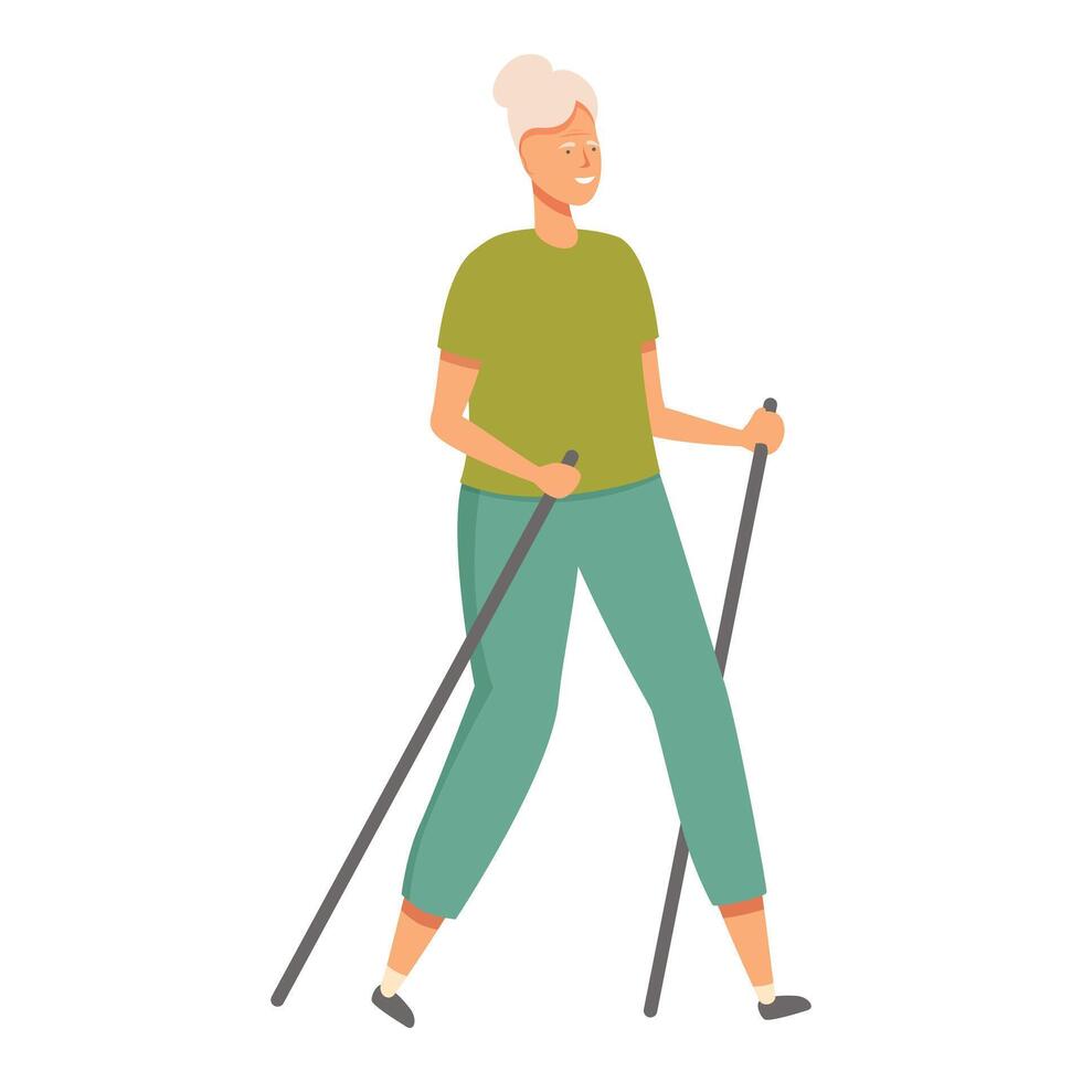 Woman Nordic walking icon cartoon vector. Active travel exercise vector