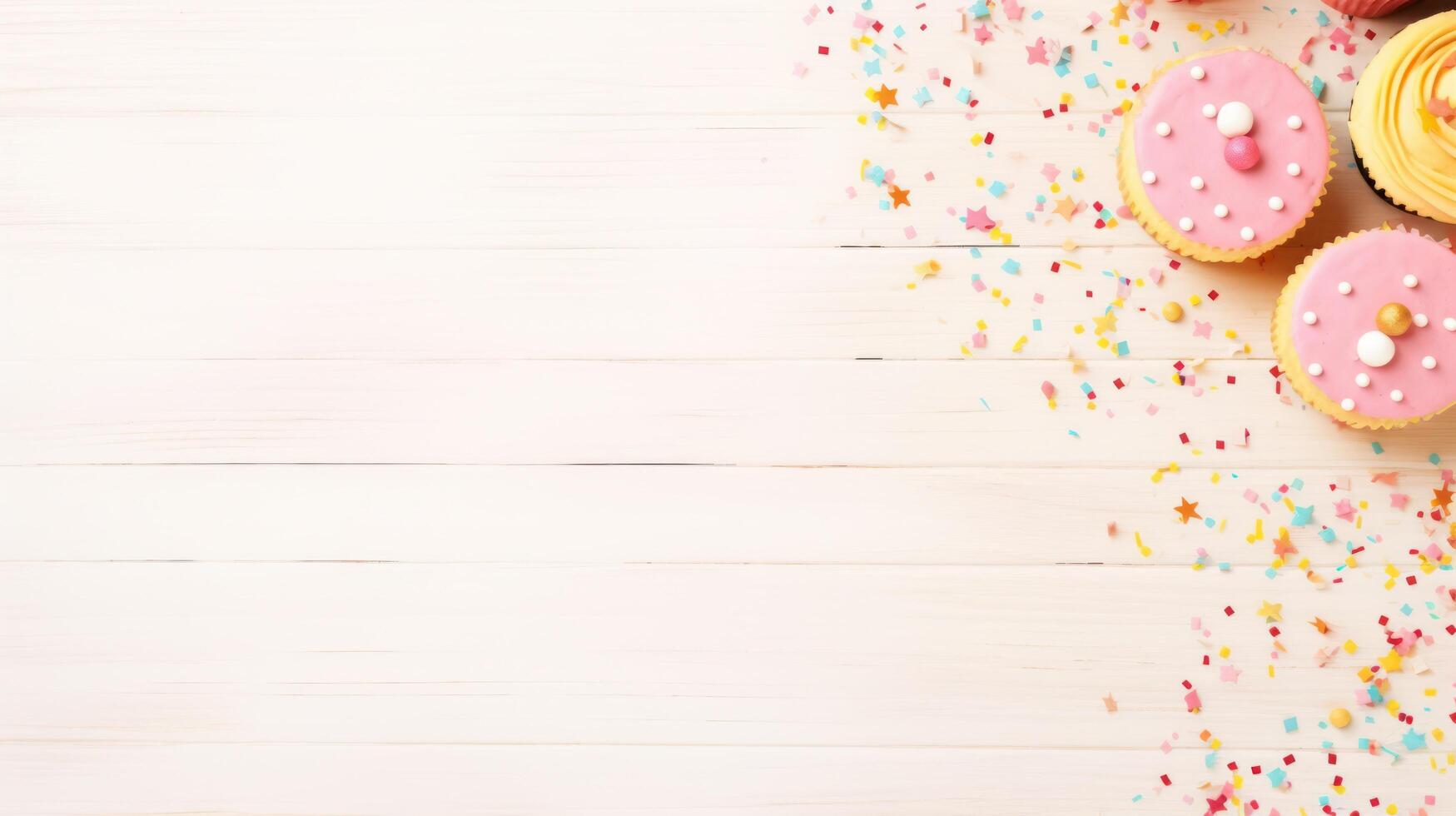 AI generated birthday holiday background, cakes with candles and copy space photo