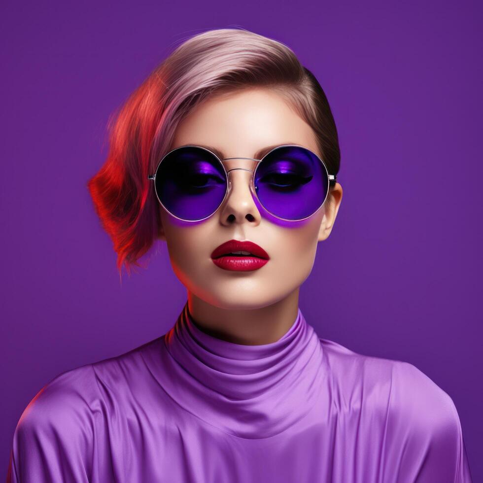 AI generated woman in sunglasses against violet background photo