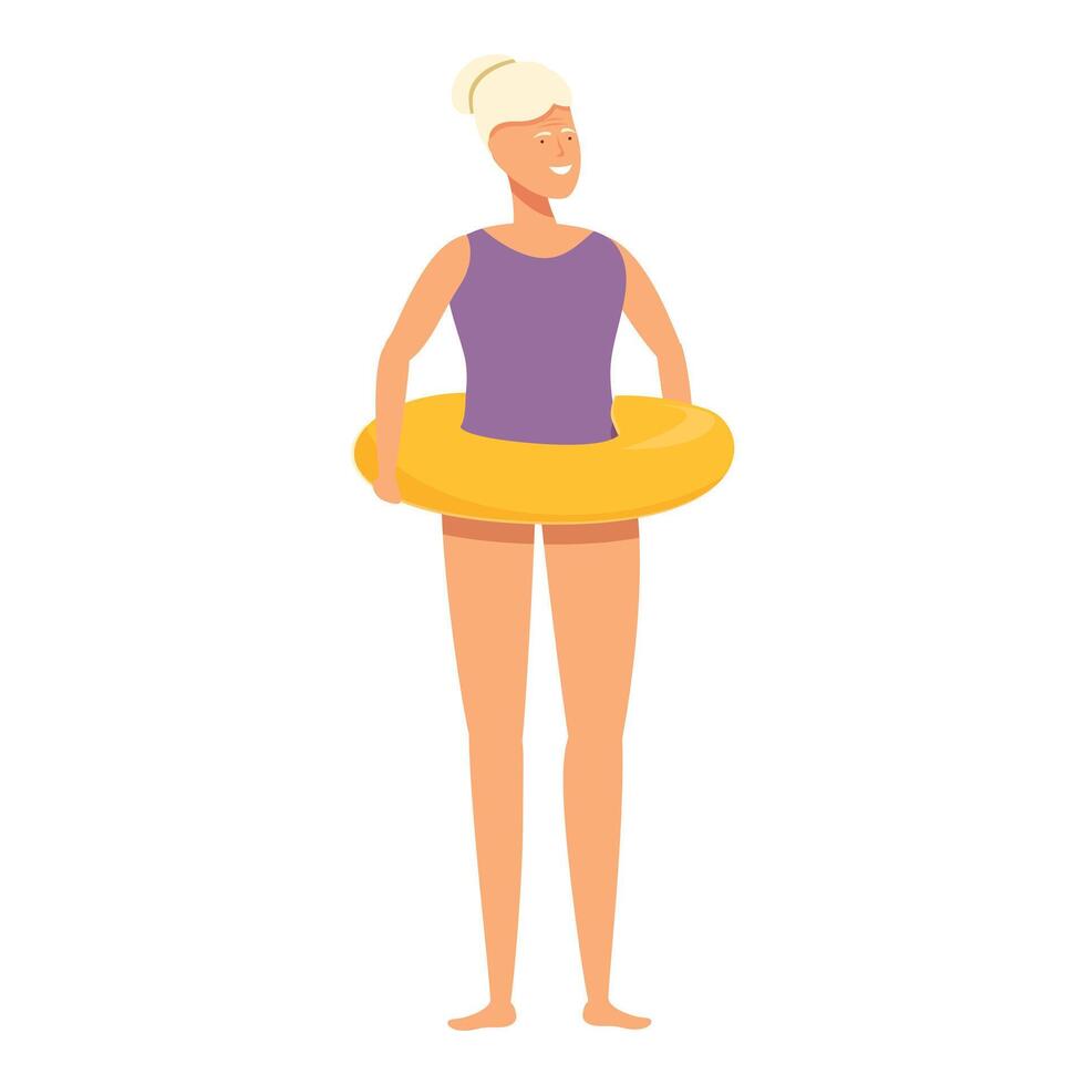 Happy senior woman in inflatable ring icon cartoon vector. Summer pool vector