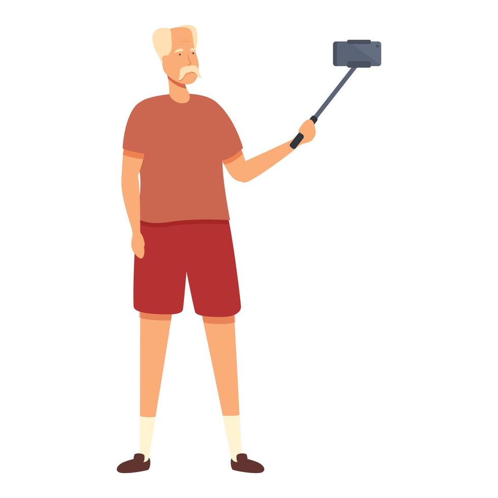 Senior man with selfie stick icon cartoon vector. Summer vacation vector