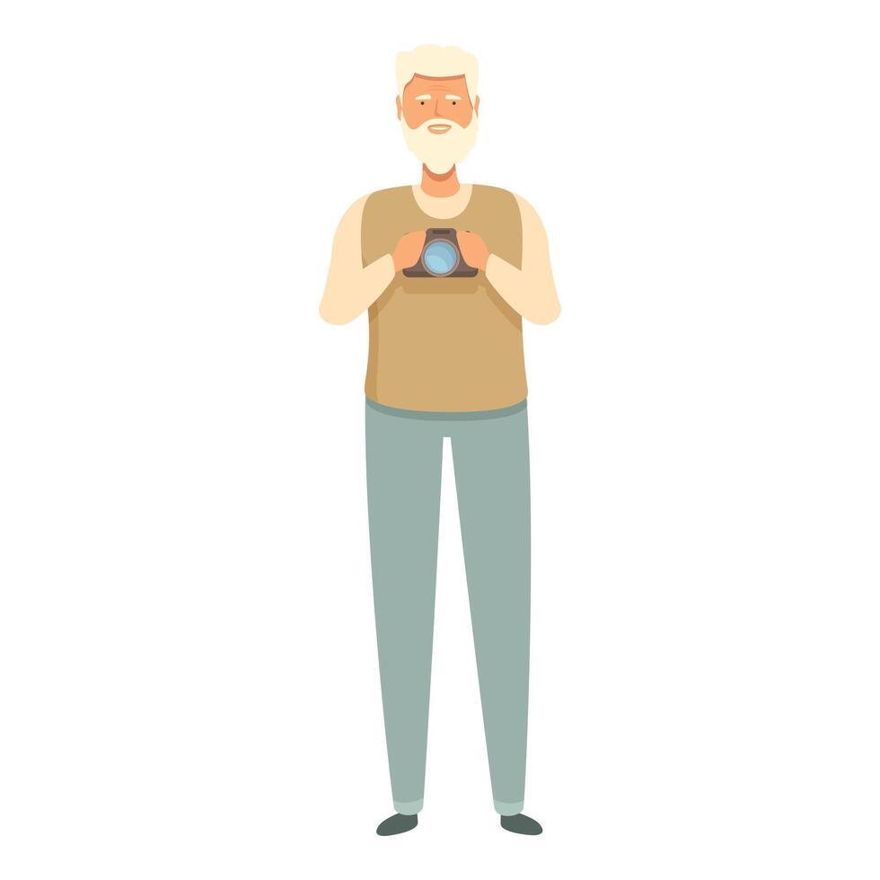 Old man travel with camera icon cartoon vector. Happy person vector