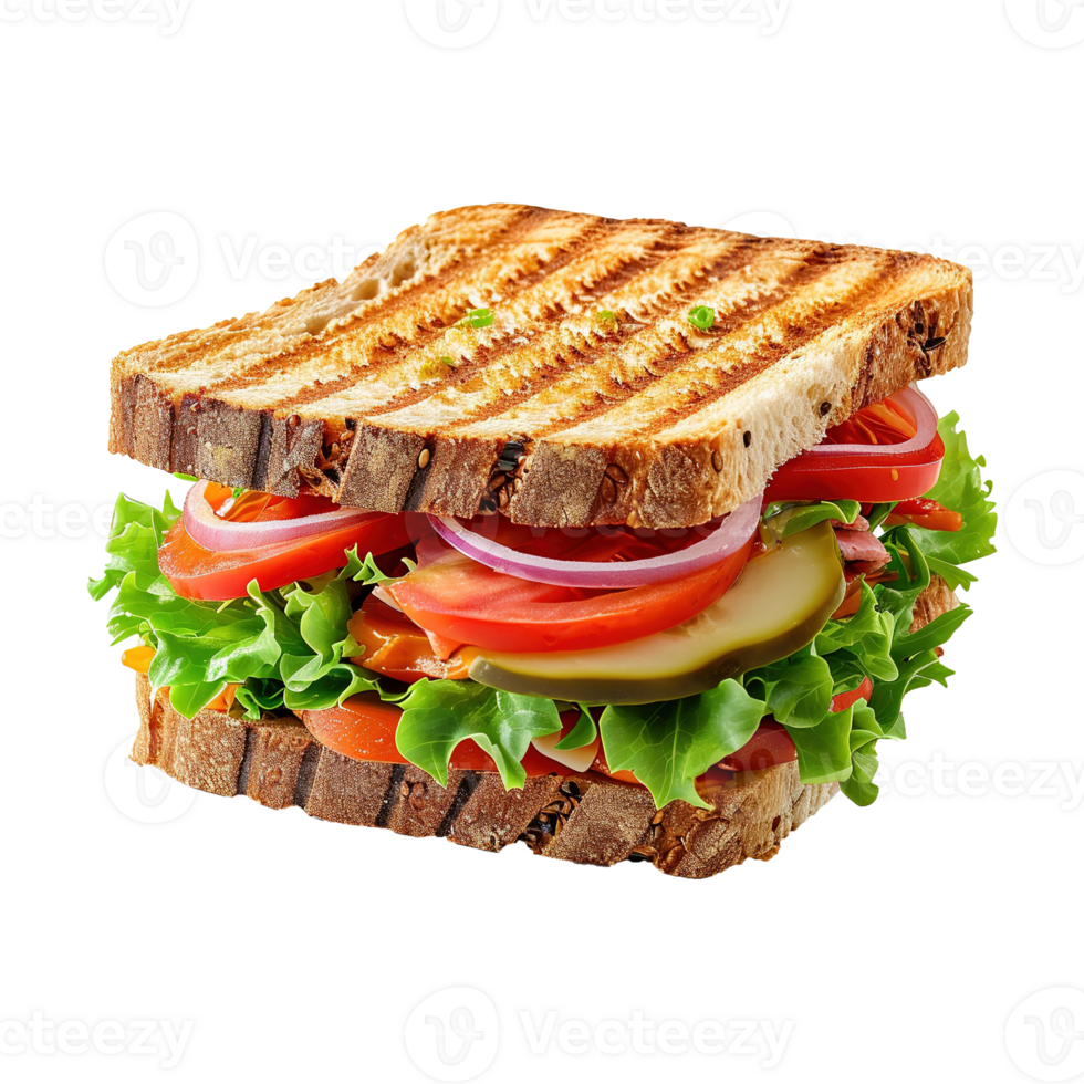 AI generated Sandwich with ham, cheese, tomatoes and lettuce isolated on transparent background png