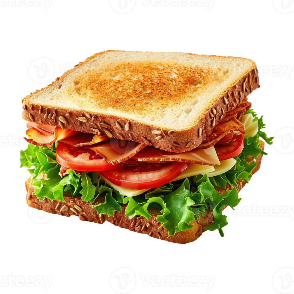 AI generated Sandwich with ham, cheese, tomatoes and lettuce isolated on transparent background png