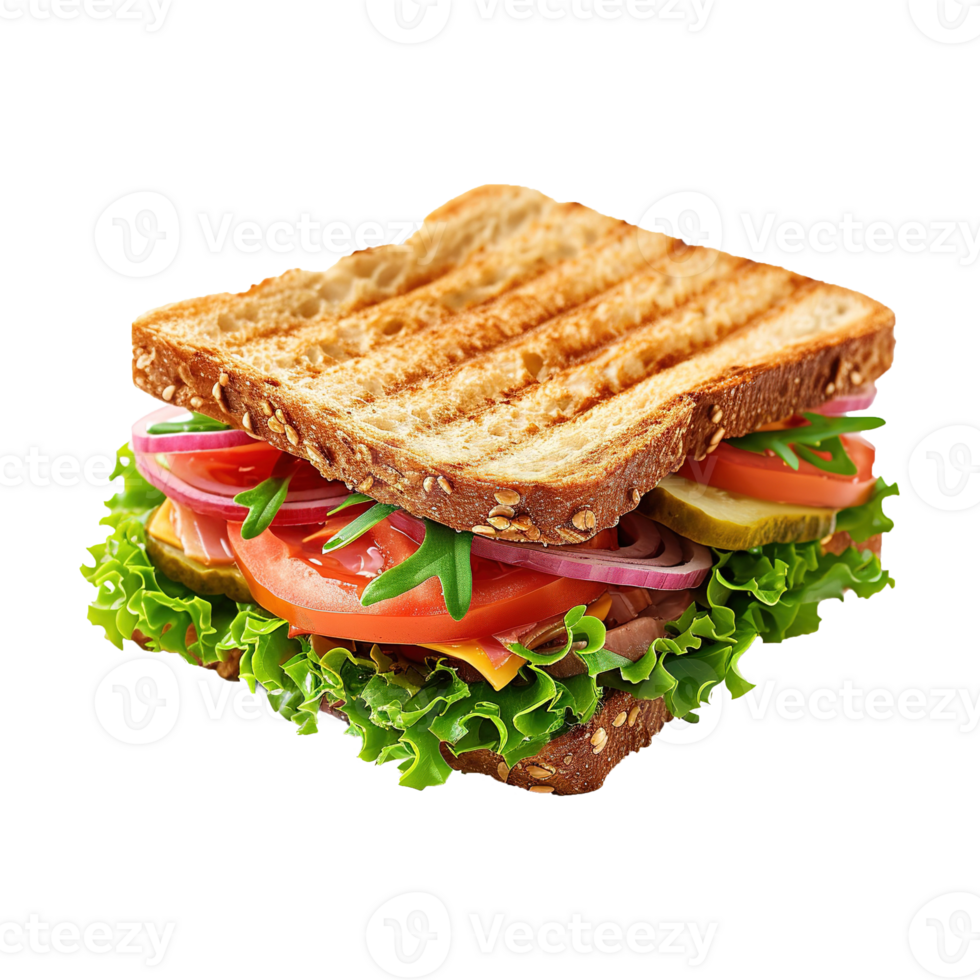 AI generated Sandwich with ham, cheese, tomatoes and lettuce isolated on transparent background png