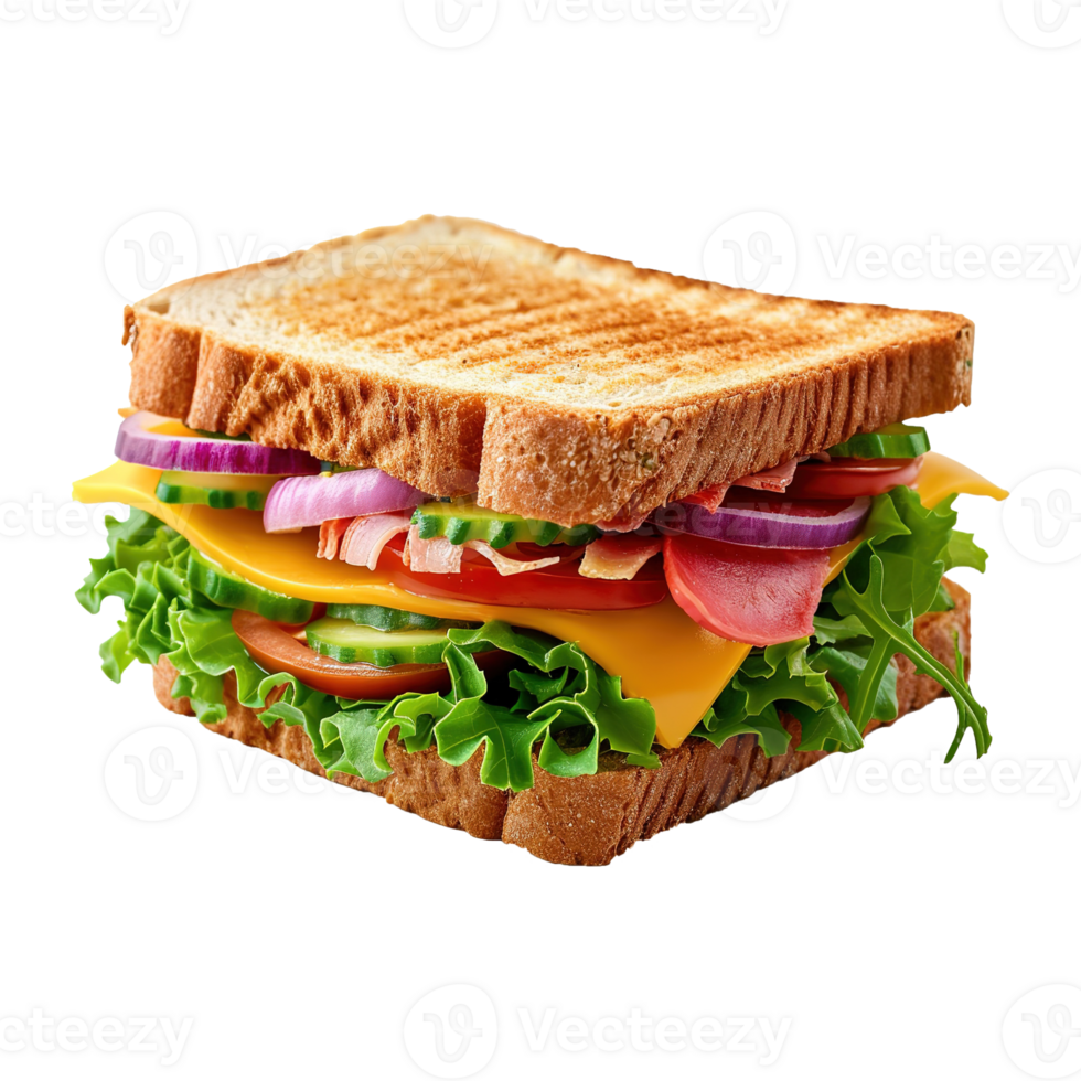 AI generated Sandwich with ham, cheese, tomatoes and lettuce isolated on transparent background png
