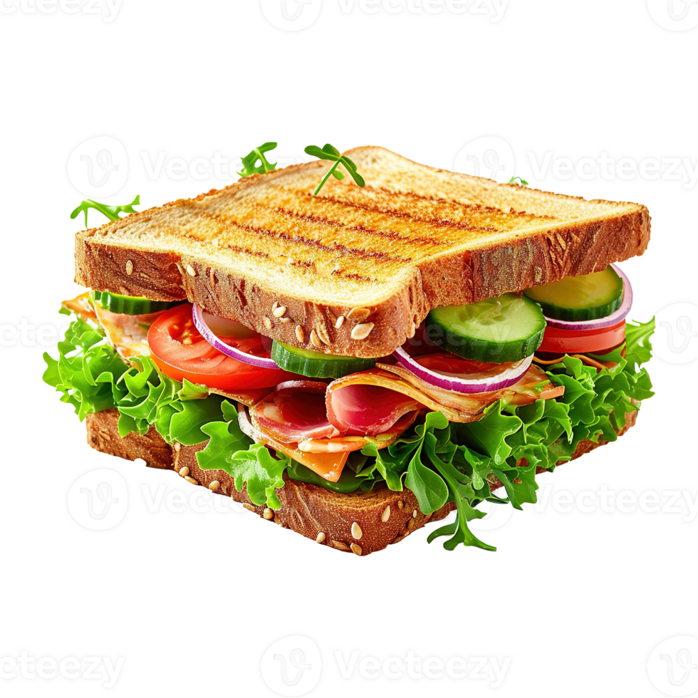 AI generated Sandwich with ham, cheese, tomatoes and lettuce isolated on transparent background png