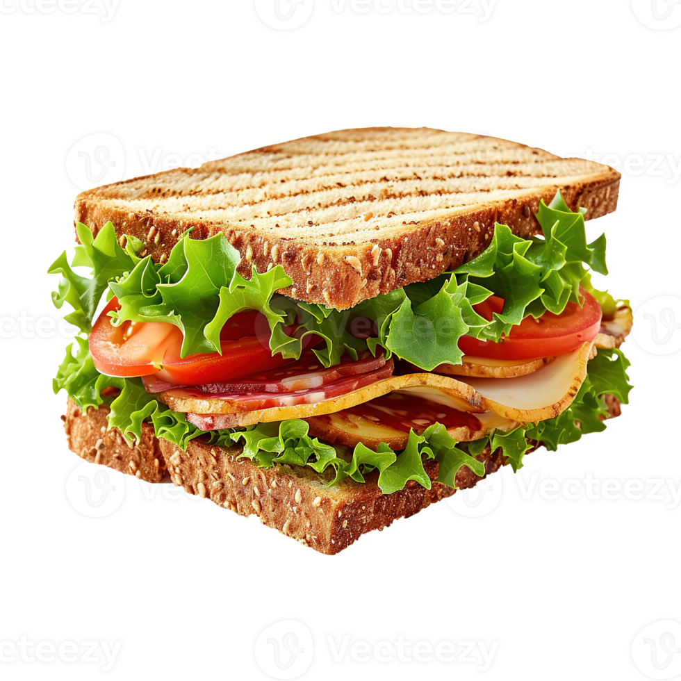 AI generated Sandwich with ham, cheese, tomatoes and lettuce isolated on transparent background png
