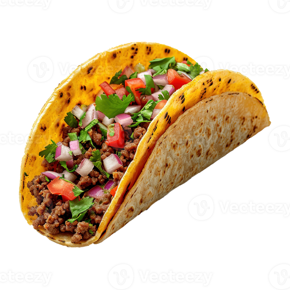 AI generated Mexican tacos with meat and vegetables isolated on transparent background png