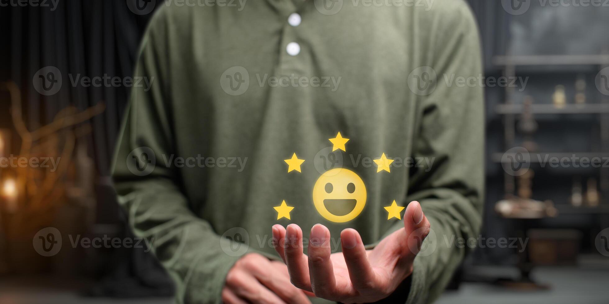 Concept satisfaction ,good feedback rating, customer review, happy smile relax face , think positive, assessment, , world mental health day, Calm mood, good mental health, good mood photo