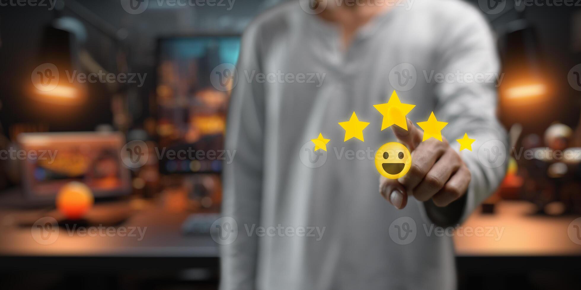 Concept satisfaction ,good feedback rating, customer review, happy smile relax face , think positive, assessment, , world mental health day, Calm mood, good mental health, good mood photo