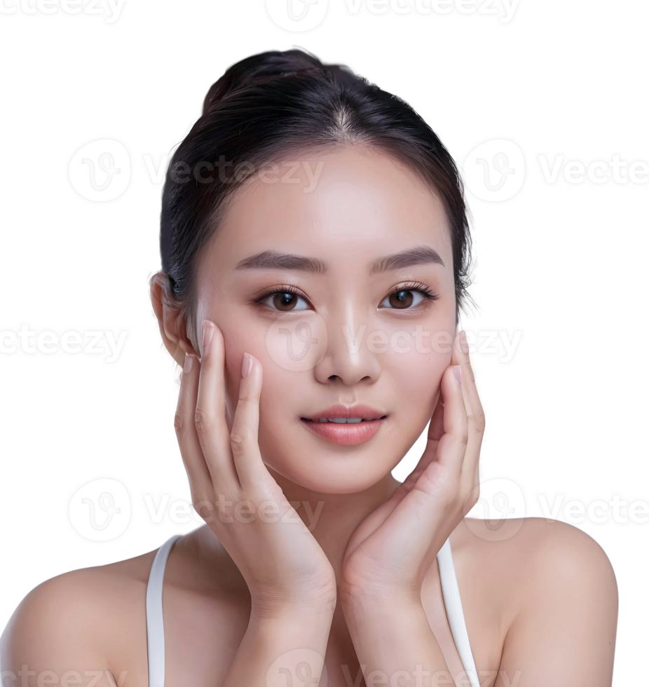 AI generated The fresh-looking Asian lady has radiant and smooth skin, her hand gently touching her face. png