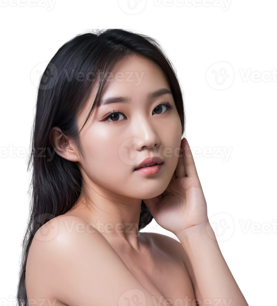 AI generated The fresh-looking Asian lady has radiant and smooth skin, her hand gently touching her face. png