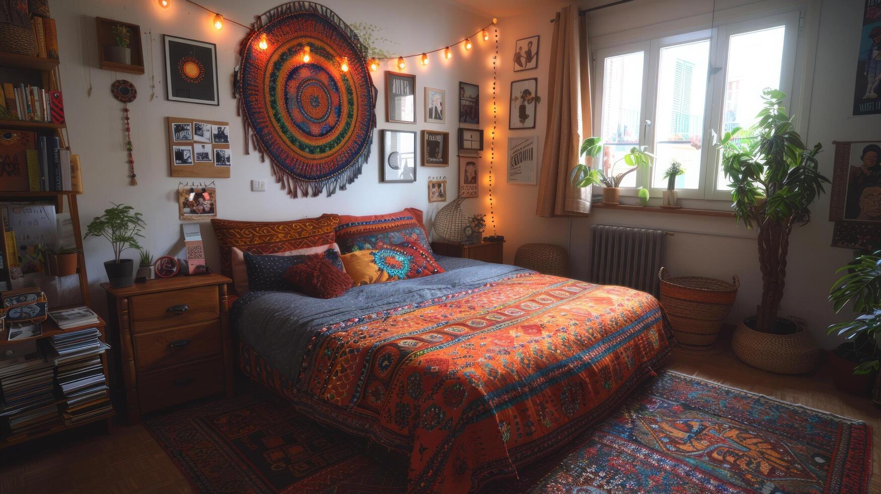 AI generated Neatly Made Bed Room With Lots of Plants photo