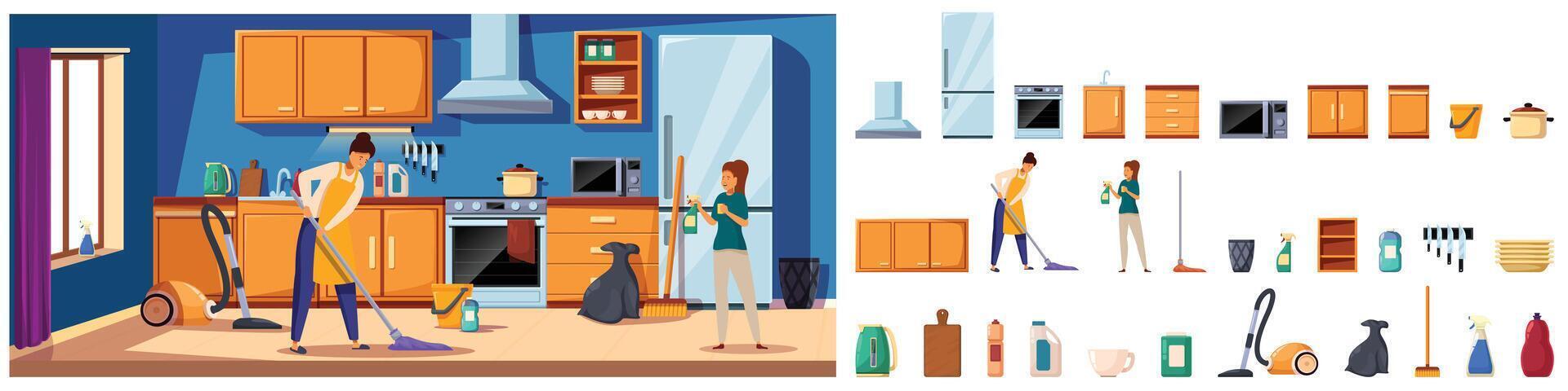 Housewife cleaning kitchen icons set cartoon vector. Woman with broom and sponge vector