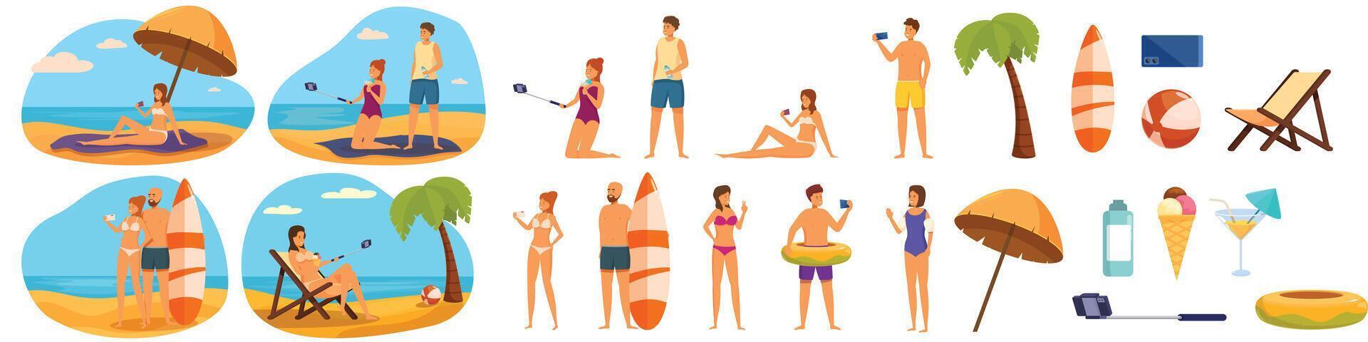 selfie verano playa íconos conjunto dibujos animados vector. teléfono inteligente móvil vector