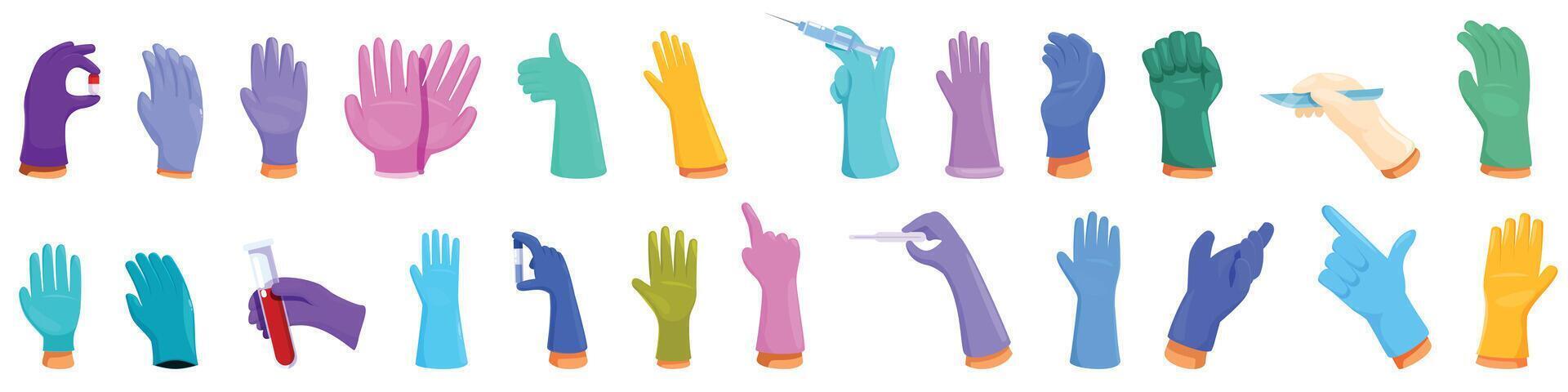 Nitrile gloves hand icons set cartoon vector. Rubber laboratory worker vector